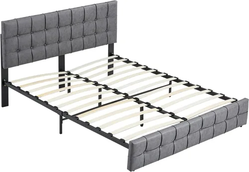 Vista 6 de Anwick Moderna cama de plataforma tapizada con cabecera ajustable, marco de cama tamaño King, marco de cama de tela tecnológica con botones