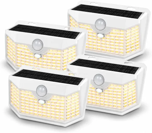 Vista 25 de HMCITY Luces solares para exteriores, 120 LED con 3 modos de iluminación, luces de pared con sensor de movimiento, IP65, impermeable, alimentadas
