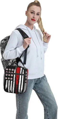 Vista 7 de Lonchera de béisbol con bandera estadounidense, bolsa de almuerzo deportiva, reutilizable, bolsa de mano para mujeres y hombres, picnic y viajes