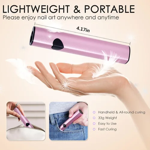 Vista 4 de Linssy Luz UV de mano de 10 W para uñas de gel, mini lámpara de uñas con USB recargable para esmalte de gel, arte de uñas 3D y uso doméstico (rosa)
