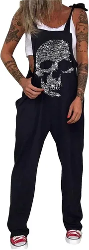 Vista 53 de PAODIKUAI Overol casual con estampado de calavera para mujer, overol suelto con bolsillos