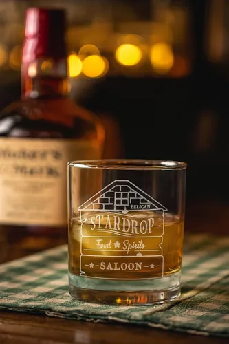 Vista 4 de Hat Shark Stardrop Saloon - Letrero de parodia de juego de comida rústica con logotipo - Vaso de whisky escocés grabado con láser 3D, 10.5 onzas