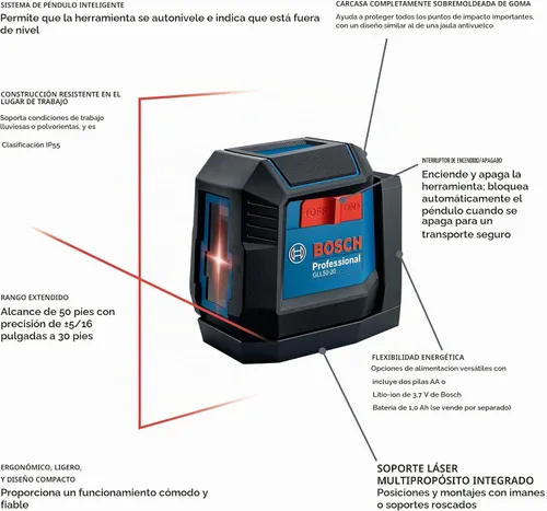 Vista 2 de Bosch GLL50-20 - Láser autonivelante de línea cruzada de 50 pies, incluye soporte magnético integrado y 2 pilas AA