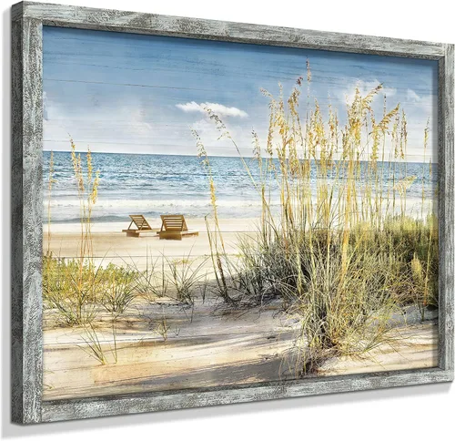 Vista 10 de Pintura enmarcada de paisaje marino: arte abstracto del océano, imagen costera, impresiones de veleros en madera en estilo moderno para decoración