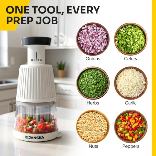 Vista 5 de UltraChop Push Picador de Alimentos y Vegetales, Cuchillas de Acero Inoxidable de Alta Resistencia, Diseño Duradero y Ergonómico, Picador