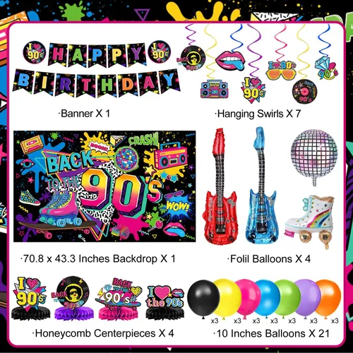 Vista 2 de Las decoraciones para fiestas de cumpleaños de los años 90 incluyen telón de fondo, centros de mesa de panal, pancarta, espirales colgantes, globos