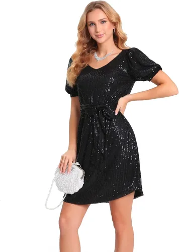 Vista 2 de Camiseta de manga corta con cuello en V y lentejuelas para mujer, talla grande, mini vestido con cinturón, vestidos de cóctel brillantes