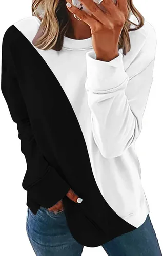 Vista 3 de Ceboyel Sudaderas de cuello redondo para mujer, 2023, bloque de color, sin botones, camisas de manga larga, ajuste holgado, ropa de moda de otoño