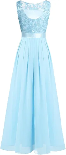 Vista 5 de Yartina Vestido largo de noche de gasa con encaje floral de ganchillo para mujer