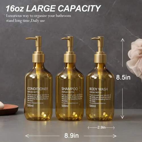 Vista 7 de Juego de 3 botellas dispensadoras de champú y acondicionador dorado para Bomba de oro y oro