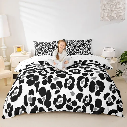 Vista 4 de Juego de funda de edredón con estampado de leopardo abstracto, tamaño individual, juegos de ropa de cama de piel de guepardo negro y gris