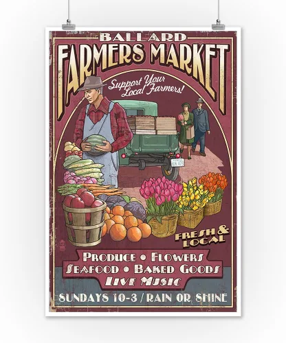 Vista 2 de Ballard Mercado de agricultores clásico Sign – Viajes de Seattle (12 x 18 Arte coleccionable, decoración de pared de impresión Cartel)