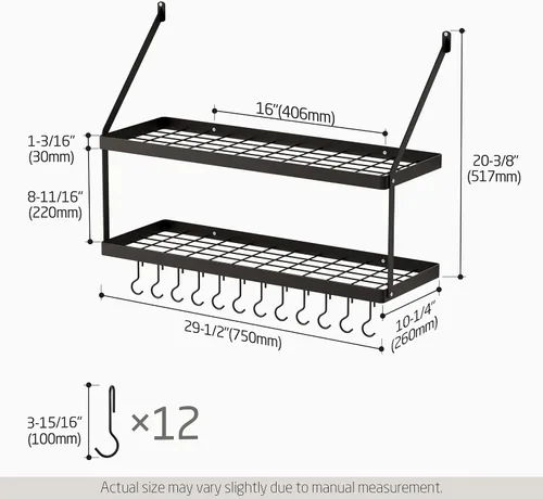 Vista 6 de KES KUR218S75B-BK - Estante para colgar ollas y sartenes para cocina de 30 pulgadas, 2 niveles, con 12 ganchos, organizador para colgar, color negro