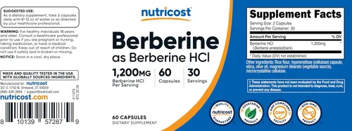 Vista 6 de Nutricost Berberina HCl 600 mg, 60 cápsulas (2 botellas) – Sin gluten, cápsulas vegetarianas, sin OGM