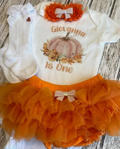 Vista 11 de First Birthday Pumpkin Baby Girl Personalized Name Bodysuit This Pumpkin is One Optional Accessories
