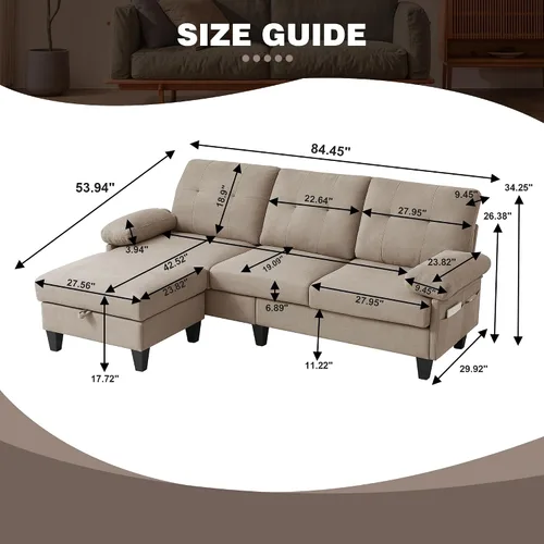 Vista 2 de Sofá modular convertible de 84 pulgadas, moderno sofá pequeño en forma de L de tela de lino con diván reversible, sofá de 3 asientos para sala