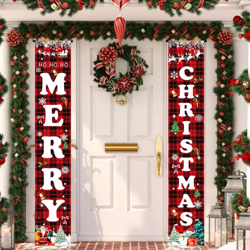 Vista 4 de Decoraciones de Navidad, juego de letreros a cuadros de búfalo rojo y negro para festival, cartel de puerta de Feliz Navidad, patio al aire libre