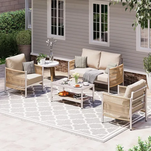 Vista 27 de Sofá de dos plazas de aluminio para patio exterior, sofá de patio de cuerda HDPE con cojín grueso lavable, muebles de patio para todo tipo de clima