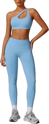 Vista 14 de ABOCIW Conjuntos de Entrenamiento para Mujer, Leggings de Levantamiento de Glúteos sin Costuras de Cintura Alta, Bra Deportivo de Un Hombro