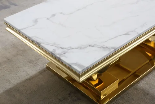 Vista 4 de Mesa de centro de mármol sintético de 47 pulgadas, moderna mesa de café blanca con mesa de mármol de 0.71 pulgadas de grosor y base de acero Blanco