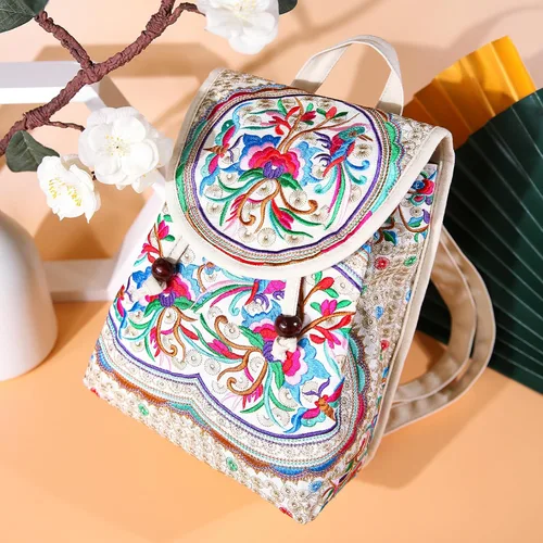 Vista 2 de Goodhan Mochila bordada vintage para mujer, bolso de viaje étnico, beige-rojo, Mochilas Daypack