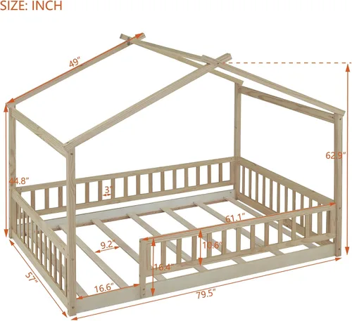 Vista 2 de RUNNA Marco de cama de madera de tamaño matrimonial con valla, para niños, adolescentes, niñas, niños, (Natural-Thinck 4col)