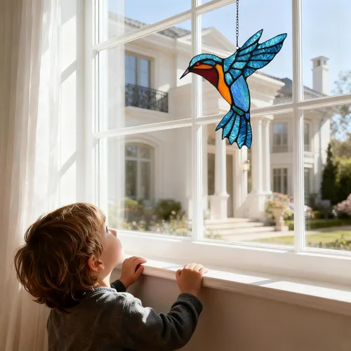 Vista 4 de Atrapasoles de colibrí de vidrieras, adorno único hecho a mano para colgar en la ventana, perfecto para inauguración de la casa, cumpleaños, Navidad