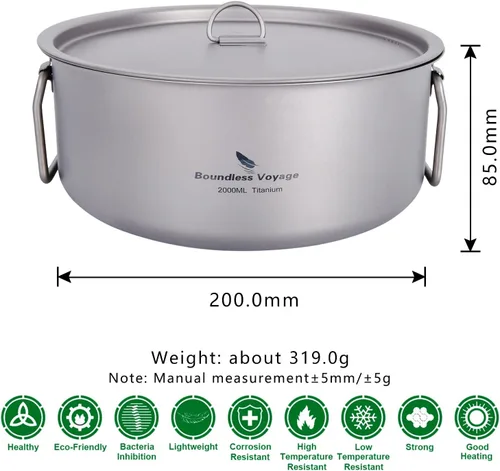 Vista 2 de Boundless Voyage Olla de titanio de 2 litros con tapa con mango plegable para sopa para acampar al aire libre, senderismo, picnic, cocina