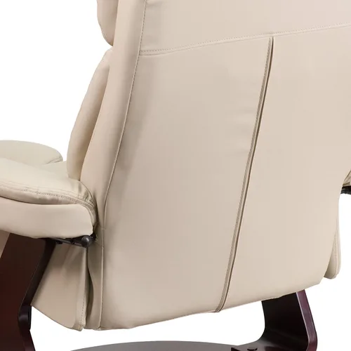 Vista 8 de Sillón reclinable y taburete de piel beige con base giratoria de madera caoba de Flash Furniture, Cuero, Beige Ajuste de palanca, reposabrazos