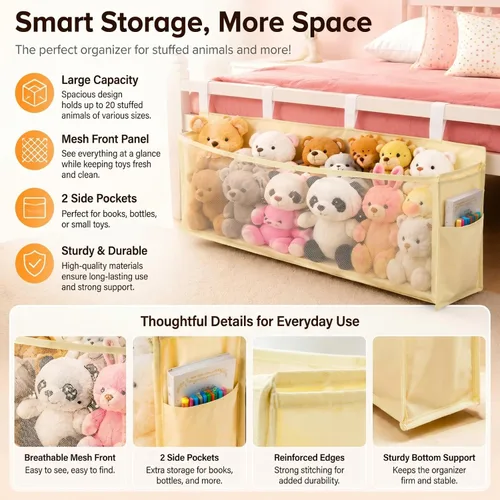 Vista 3 de Beeveer Organizador de animales de peluche para mesita de noche, red organizadora de juguetes de peluche de gran capacidad que ahorra espacio