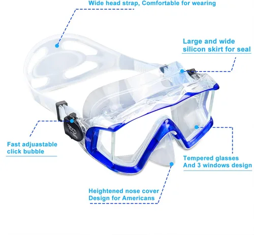 Vista 3 de Máscara de buceo Pano 3 para adultos, máscara de esnórquel de vidrio templado, máscara de natación antivaho sin fugas, gafas de natación con Azul