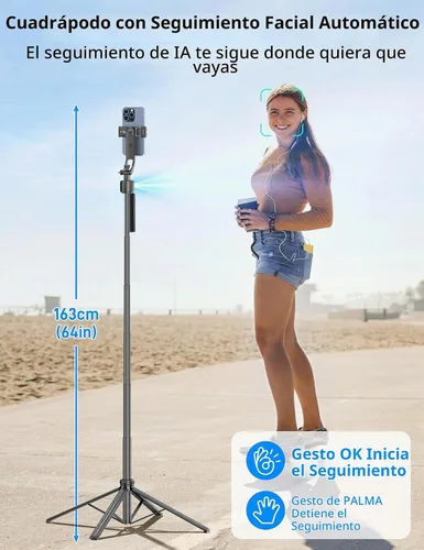 Vista 2 de QIRITA Trípode de seguimiento facial automático de 64 pulgadas, rotación de 360° de aluminio, cuadrápodo, palo selfie con control remoto, trípode