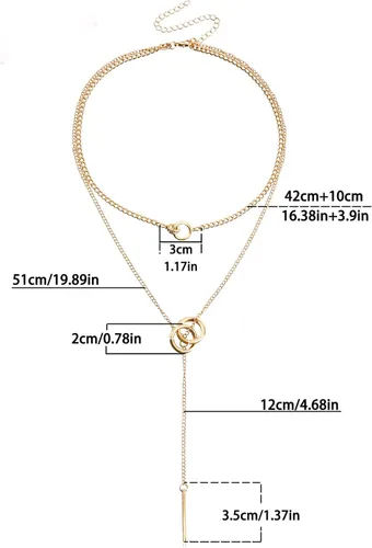 Vista 8 de Collar de cadena Lariat en capas de oro, collar de círculo entrelazado con cadena larga de barra de lariat, collar de doble anillo con colgante