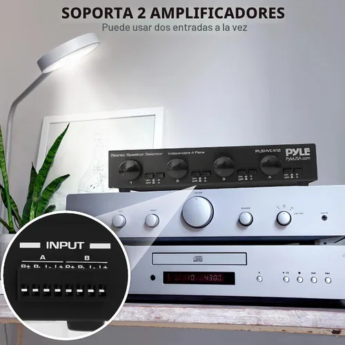 Vista 3 de Pyle Selector de Altavoces Estéreo de Alta Potencia de 4 Canales con Control de Volumen - Construcción de Carcasa Resistente y Duradera, Disipador