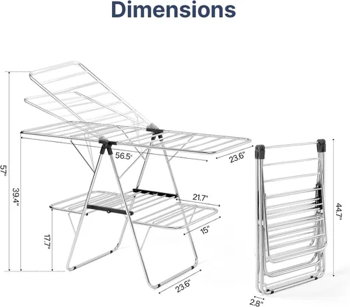 Vista 2 de Stainless Steel 2-Tier Foldable Clothes Drying Rack, 57 Inches Max Height