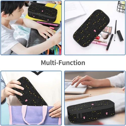 Vista 7 de Estuche organizador de lápices con patrón de gato negro, gran capacidad, papelería con cremallera, suministros escolares, bolsa para lápices
