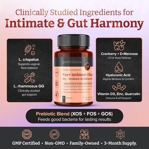 Vista 3 de pureclinica Veev Flora íntima - Soporte para microbioma vaginal e intestinal - 50 mil millones de UFC - Probióticos, prebióticos, arándano