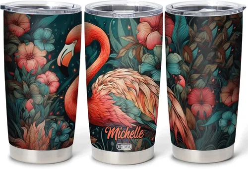 Vista 19 de Hyturtle Regalos personalizados para los amantes de los flamencos, cumpleaños, Navidad, vaso de acero inoxidable con nombre personalizado, 20 onzas