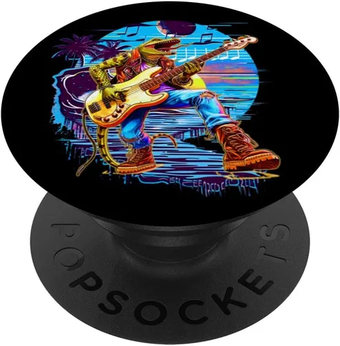 Vista 6 de Retro 80s 90's Streetwear rocker lizard bass guitar player PopSockets MagSafe PopGrip for iPhone