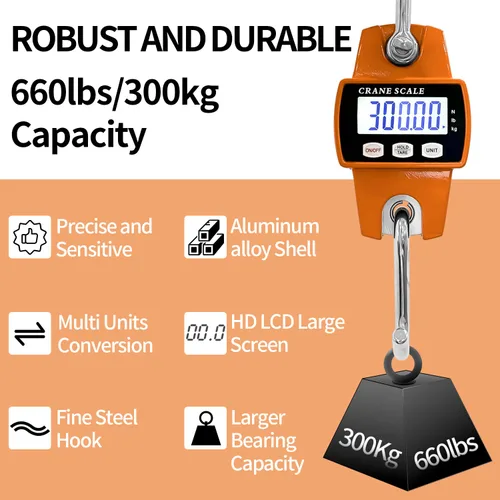 Vista 2 de Sutekus Báscula colgante digital de 660 libras, báscula portátil de grúa impermeable, báscula de pescado de 661.4 lbs, báscula de mano