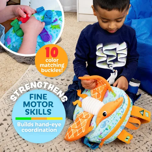 Vista 3 de Buckle Toys Breezy Pterodáctil - Mochila para niños pequeños con hebillas y actividades de aprendizaje para niños pequeños y juguetes sensoriales