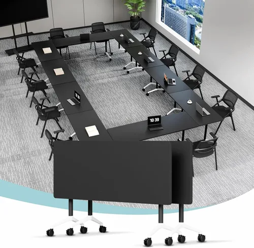 Vista 18 de Mesa de conferencias plegable, mesa modular moderna para sala de conferencias con ruedas para 8-16 personas, mesas de entrenamiento plegables