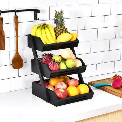 Vista 5 de VIKEYHOME Cesta de frutas, cuenco de frutas de bambú de 3 niveles para cocina, soporte de almacenamiento de frutas y verduras, organizador