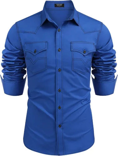 Vista 16 de COOFANDY Camisa vaquera de manga larga para hombre, de algodón, con botones, estilo casual, con bolsillos 01-Negro