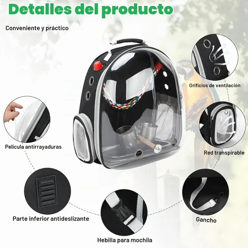 Vista 3 de Rypet - Mochila portadora para pájaros, jaula de viaje para loros con bandeja (negro)