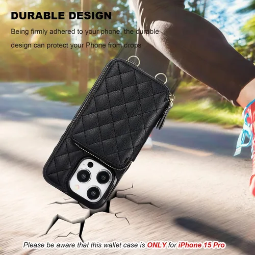 Vista 8 de Bocasal Funda tipo cartera con bandolera para iPhone 15 Pro, cartera de mano de piel sintética con cremallera y bloqueo RFID, funda tipo cartera
