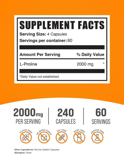 Vista 2 de BulkSupplements. com L-Prolina Cápsulas - Suplemento de aminoácidos, L-prolina 2000 mg, suplementos de prolina - Sin gluten, 4 cápsulas por porción