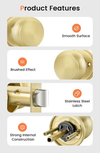 Vista 4 de Goldenwarm Perillas doradas para puerta interior, 1 paquete de pomos de puerta de latón de paso, cerradura de puerta sin llave para dormitorio Oro