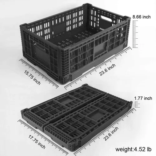 Vista 5 de Contenedor de almacenamiento plegable, 52 litros, caja de almacenamiento de plástico negro resistente para transferencia, cajas de leche