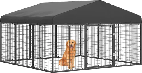 Vista 10 de Caseta de perro para exterior con valla para perros pequeños y medianos, recubrimiento antióxido, jaula con techo, resistente a todas